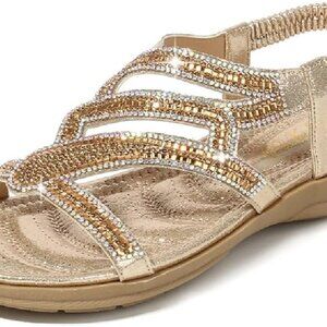 Women Sandals Flat Rhinestone Boho Summer Casual Elegant Non-slip